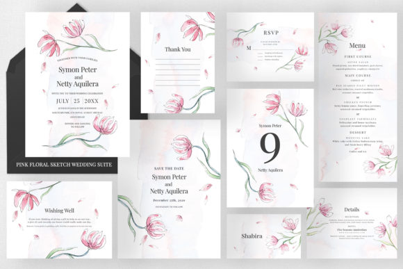 Pink Floral Sketch Wedding Suite: Editable PSD Design